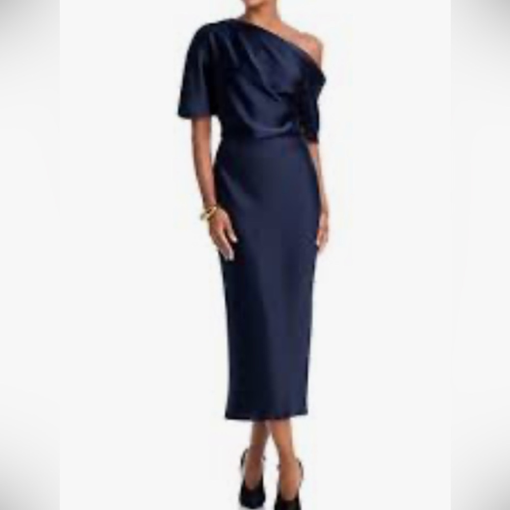 Theia Navy Blue One-Shoulder Dress